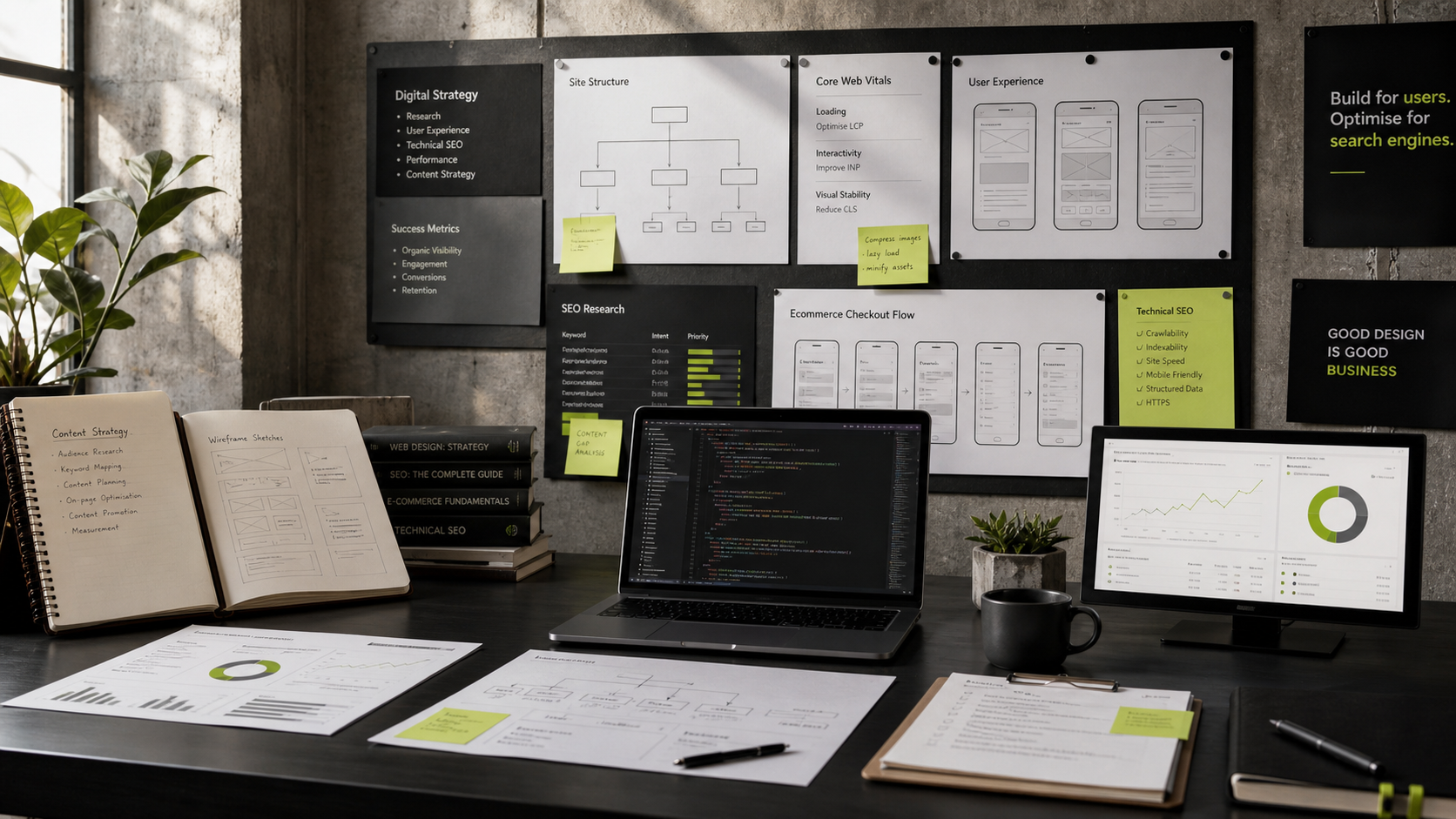 Research desk with SEO, UX, analytics, ecommerce, and Laravel planning boards