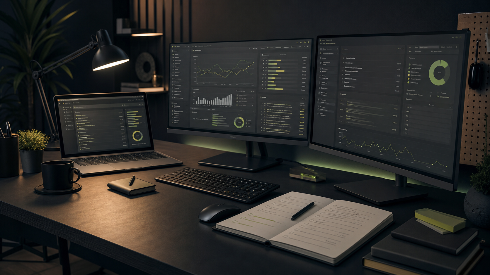 Digital operations desk with monitoring dashboards and maintenance checklists